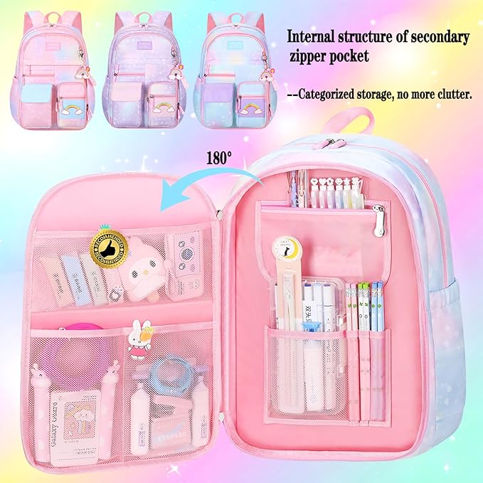 Rainbow Backpack For Girls Kids,Cute Student School Backpack With Pen Bag,Aesthetic Starry Rainbow Laptop Travel Bag