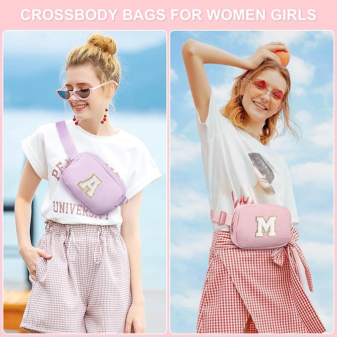 YOOLIFE Birthday Gifts for Girls, Fanny Packs for Kids Cross Body Birthday Gifts for 4 5 6 7 8 9 10 11 12 13 14 Year Old Girls Small Initial Pink Cross Body Belt Bag for Sister Daughter Gift (Pink T)