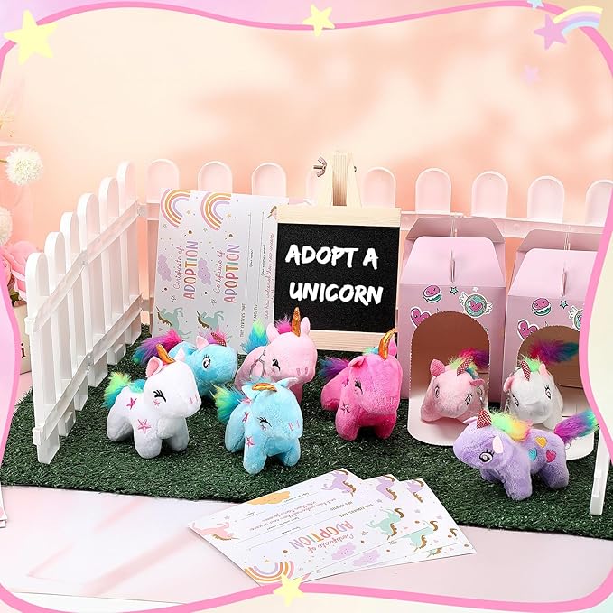 84 Pcs Adopt a Pet Party Favors 24 Mini Plush Stuffed Animals 10 White Plastic Fence 24 Paper Gift Boxes 24 Adoption Cards with Mini Chalkboard and Artificial Lawn(Unicorn)