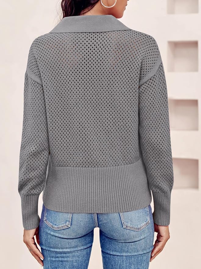 Doshoop Womens Summer Crochet Sweaters Long Sleeve Hollow Out Knit Half Zip Lapel Collar Pullover Tops