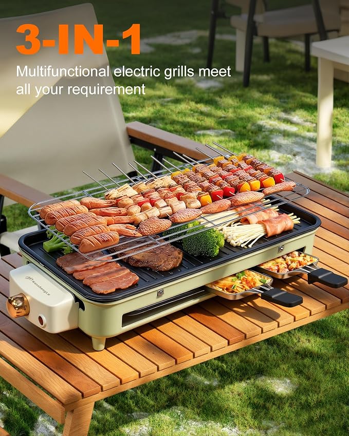 1500W Smokeless Electric Indoor Grill, 3 in 1 Korean Barbecue Grill with Net & Non-Stick Removable Plate and Magnet Strip, Temperature Control & Dishwasher Safe, Smokeless Korean BBQ for Kitchen Party