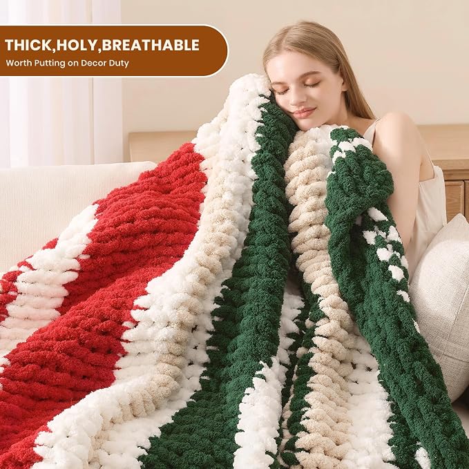 L'AGRATY Chunky Knit Throw Blanket for Couch, 50 x 60 Inches, Red Green | Handmade Chenille Crochet Blanket for Sofa Bed, Thick Cable Knitted Blankets for Room Home Decor, Birthday Gift for Women Mom