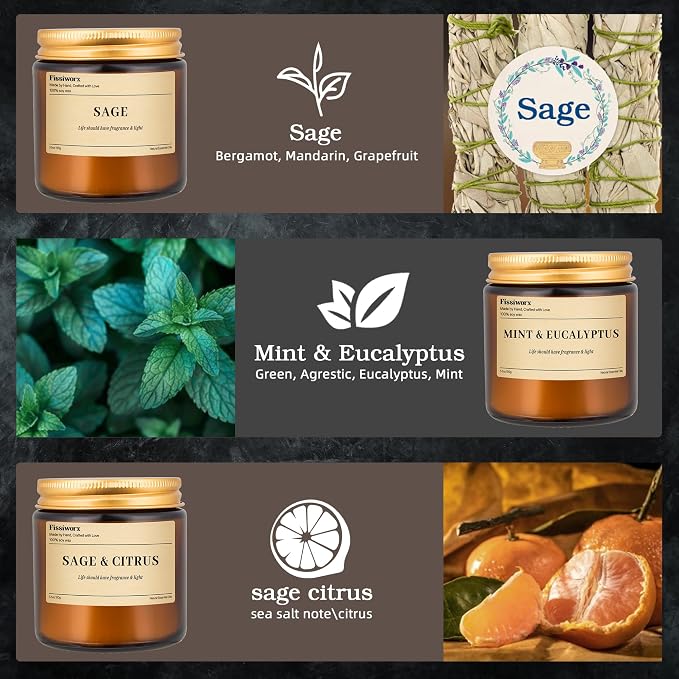 9 Pack Soy Candles for Home Scented |（Sage/Mint & Eucalyptus/Sage & Citrus） Long-Lasting 270 Hours, Natural Scented Candles Gift for Women & Men, Birthday, Mother’s Day, Christmas, Thanksgiving