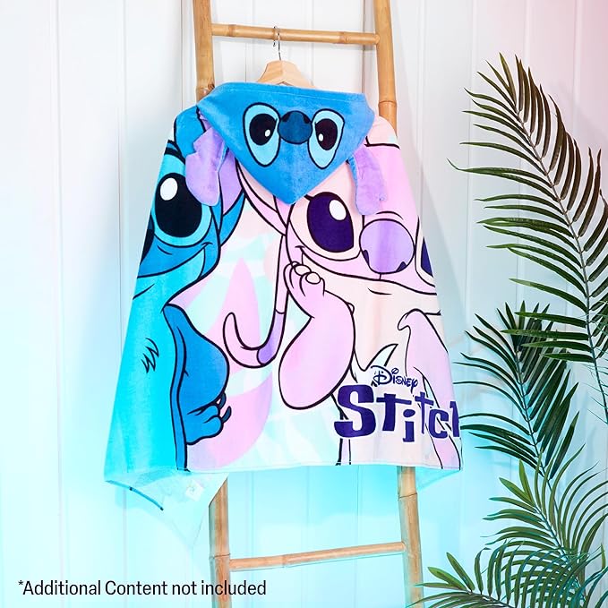 Disney Stitch Bath Towel with Hood for Kids Teenagers Absorbent Cozy Poncho Hooded Beach Towel Wrap for Beach Pool Swimming Bath Vacation Essentials (Blue/Multi Stitch, 6-14 Years)