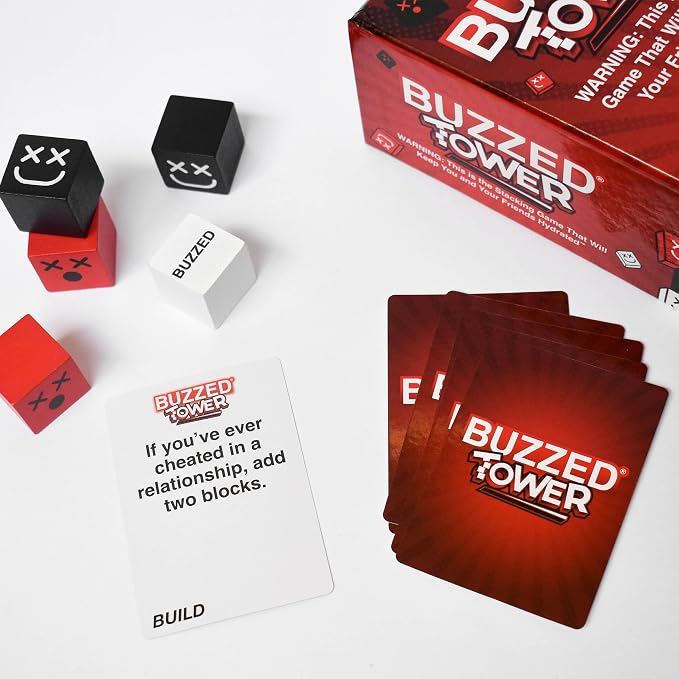 WHAT DO YOU MEME? Buzzed Tower: The Stack-and-Sip Drinking Card Game for Adults – Includes 30 Blocks, 80 Cards, and Big Laughs for Parties, Game Night, and Epic Bachelor Party Celebrations