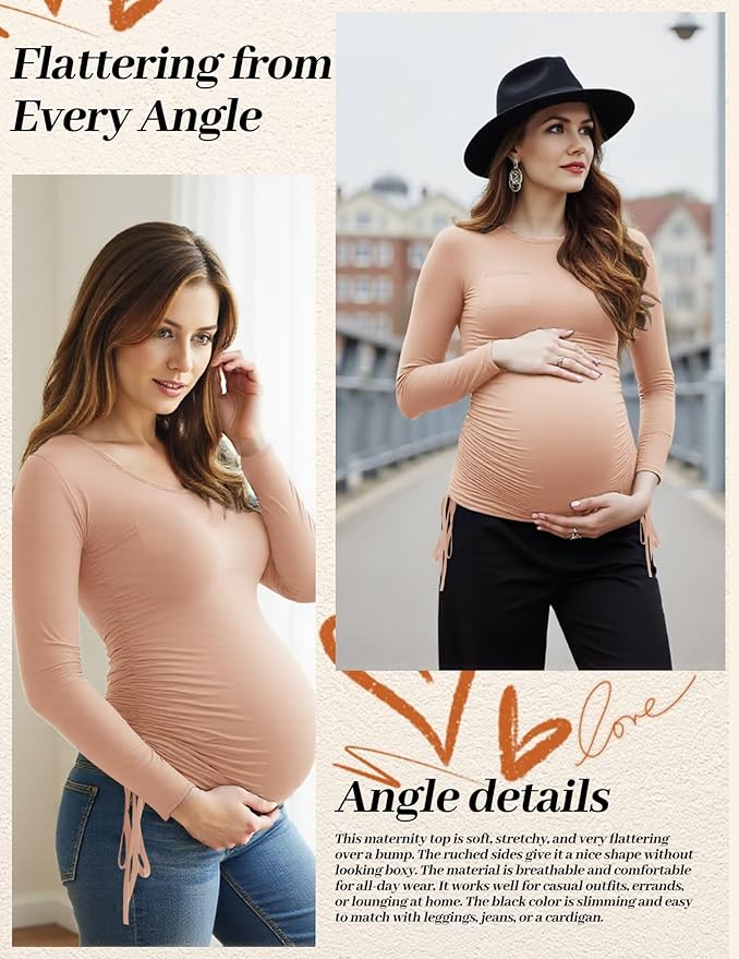 Fotociti Maternity Shirts Long Sleeve, Pregnancy Side Ruched Tops,Women’s Clothes for Mama Work Casual Yoga Wearing