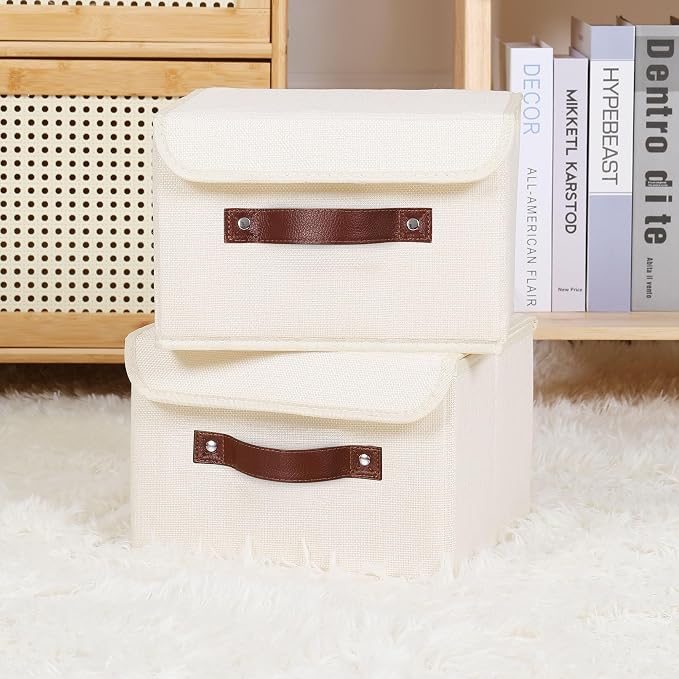 ANMINY Fabric Storage Box Bins with Lids, Beige, 10"x8"x7", 2 Pack | Keepsake Memory Storage, Cotton Linen, PP Board Reinforced, Washable, PU Handles, Foldable & Stackable, Decorative, Small