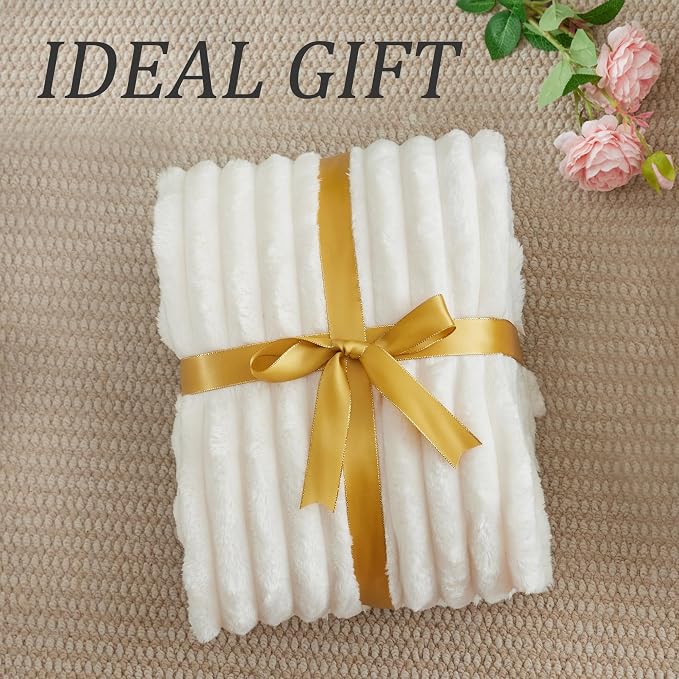 BEDELITE Fleece Throw Blanket for Couch - 300GSM Soft & Warm Fluffy Cream White Blanket, Decorative and Giftable Striped Blankets for Women, Men, 50"x60" (Pack of 2)