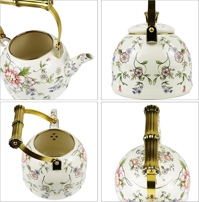 Vintage Enamel Tea Kettle Rose Floral Pattern Stovetop Teapot with Gold Handle, 2.5L Enamel Kettle Kitchen Decor, Ideal Gift for Housewarming Camping Coffee Pot