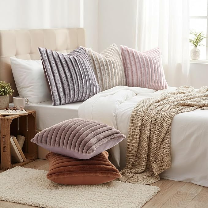 decorUhome Fall Faux Fur Throw Pillow Covers 18x18 Set of 2 Pink White | Decorative Soft Cozy Striped Plush Modern Farmhouse Boho Couch Pillow Cases Velvet Back for Sofa Bed Living Room Home Decor