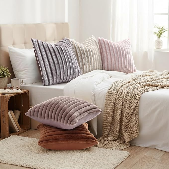 decorUhome Fall Faux Fur Throw Pillow Covers 18x18 Set of 2 Beige White | Decorative Soft Cozy Striped Plush Modern Farmhouse Boho Couch Pillow Cases Velvet Back for Sofa Bed Living Room Home Decor