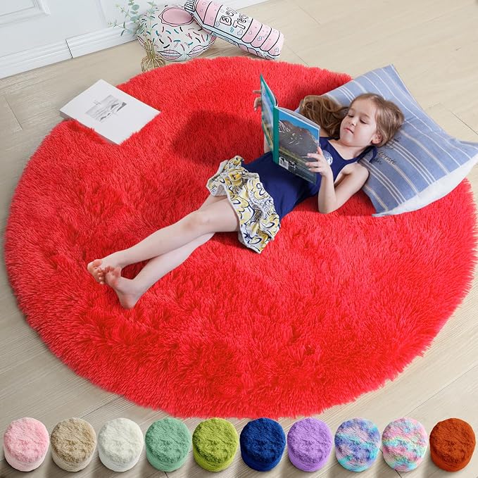 Red Small Round Rug 3Ft for Boys Bedroom, Fluffy Shag Circle Area Rugs for Kids Room Decor Aesthetic, Fuzzy Plush Fur Carpets for Living Room Nursery Dorm Classroom Playroom, Red Christmas Carpet