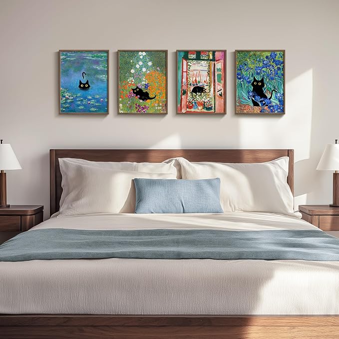 Framed Cat Bathroom Wall Art, 4 Piece Funny Cute Black Cat in Water Lilies Canvas Painting Prints Artwork, Garden Flowers Monet Cat Aesthetic Pictures for Bedroom Kitchen Living Room Home Decor, 11x14