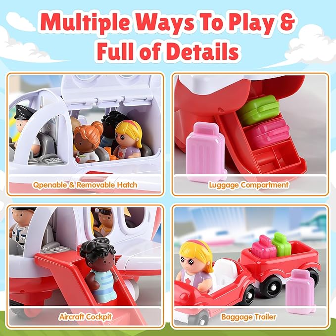 PLAY Airplane Toy for Kids - Toddler Airplane Toys Travel Plane Toys for Kids 2+ Years Old with Small Figures & Baggage Carrier, Musical Toy Airplane with Lights for Boys Girls Gifts Birthday (Red)