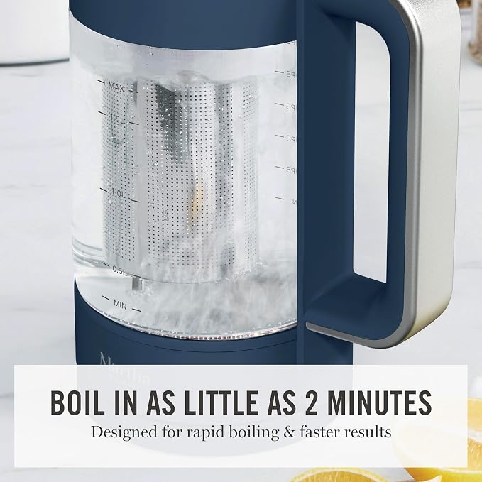 Martha Stewart Electric Kettle with Removable Stainless Steel Tea Infuser, Glass Carafe 1.7L (7 Cups), Hot Water Boiler, 4 Presets,  Keep Warm & Auto Shut-Off, Cordless 360° Swivel Base, Indigo Blue
