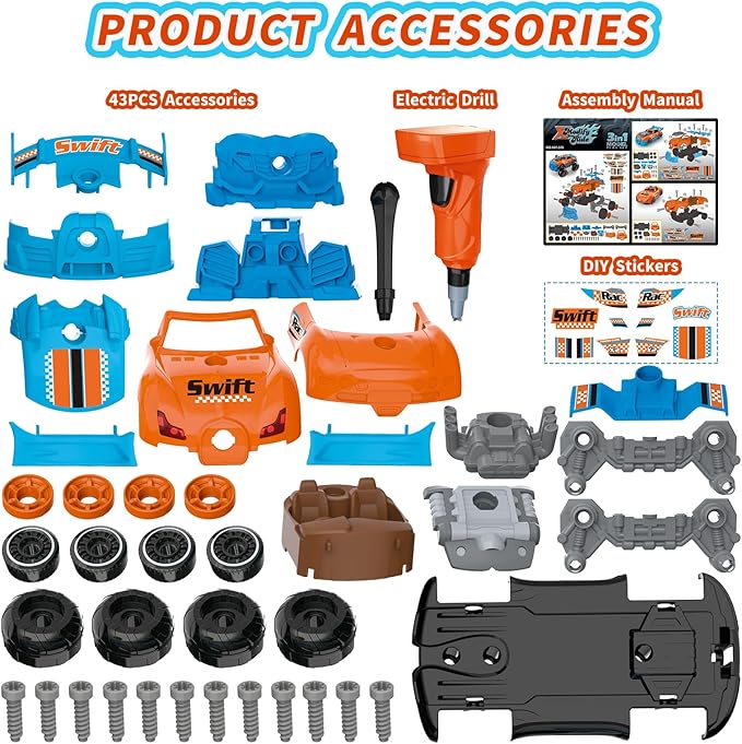 Pup Go 3-in-1 Take Apart Car for Boys Ages 3 4 5 6 7, Building Toys with Electric Drill, 43 Pcs Construction Toy Truck, Build Your Own Car with Play Tools, Ideal STEM Gift for Kids Children (Orange)