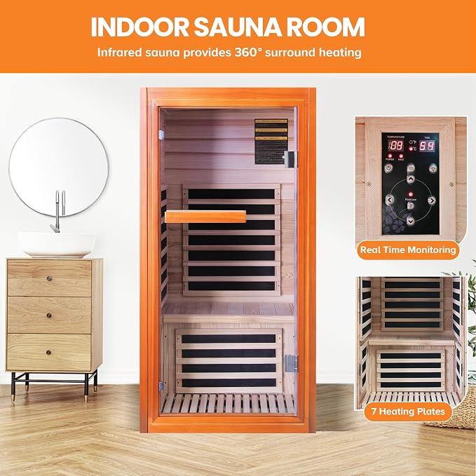 OUTEXER Far Infrared Sauna Dry Saunas 1065W Indoor Home Sauna Low EMF 110V with Control Panel 7 Color Light 31.5"x31.5"x63"