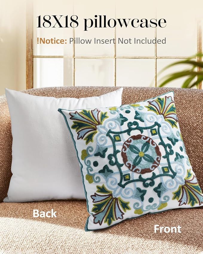 Embroidered Throw Pillow Cover - 18x18 Decorative Pillow Cover with Zipper Aesthetic Cute Design Boho Spring Summer Cozy Throw Pillowcase for Living Room Couch Sofa Bed, Classical Flowers