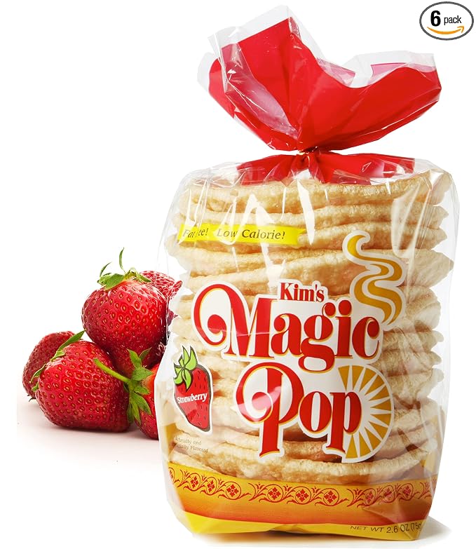 Kim's Magic Pop Freshly Popped Rice Cakes | Strawberry Flavor | 6 Bags | 15 Cakes per Bag | Low Carb, Sugar Free, Fat Free, Multigrain Korean Snack | Easy Bread, Chip, Cracker Replacement…