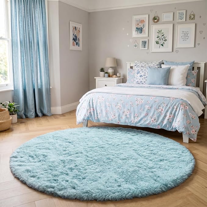 Amdrebio Light Blue Circle Round Rug 5Ft for Bedroom Decor, Soft Shaggy Fluffy Area Rugs for Kids Room Baby Boys Nursery Preppy Dorm Playroom, Cute Plush Fuzzy Sky Blue Carpet for Apartment Classroom
