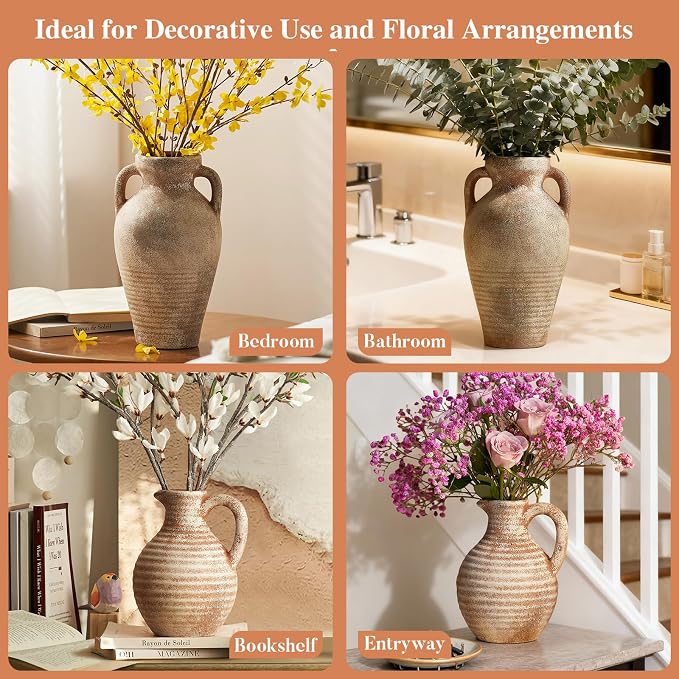 Ceramic Flower Vase Rustic Terracotta Vase with Handles,8 Inch | Neutral Clay Pitcher Antique Vase,Vintage Farmhouse Vases for Home Decor,Living Room,Table