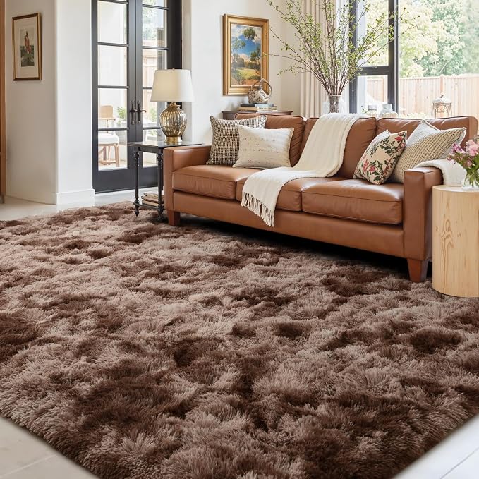 10x14 Ft Extra Large Shag Brown Area Rug for Living Room, Tie-Dyed Ultra Soft Fluffy Furry Rugs for Bedroom Indoor Floor, Aesthetic Carpet for Kids Home Decor (Coffee)