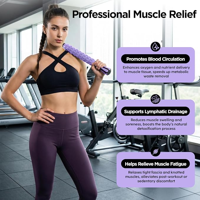 Muscle Roller & Massage Roller Stick for Athletes - Lymphatic Drainage Support, Relieves Muscle Soreness, Cramping & Tightness - Targets Legs, Arms, Back & Calves （Purple - 18inch）