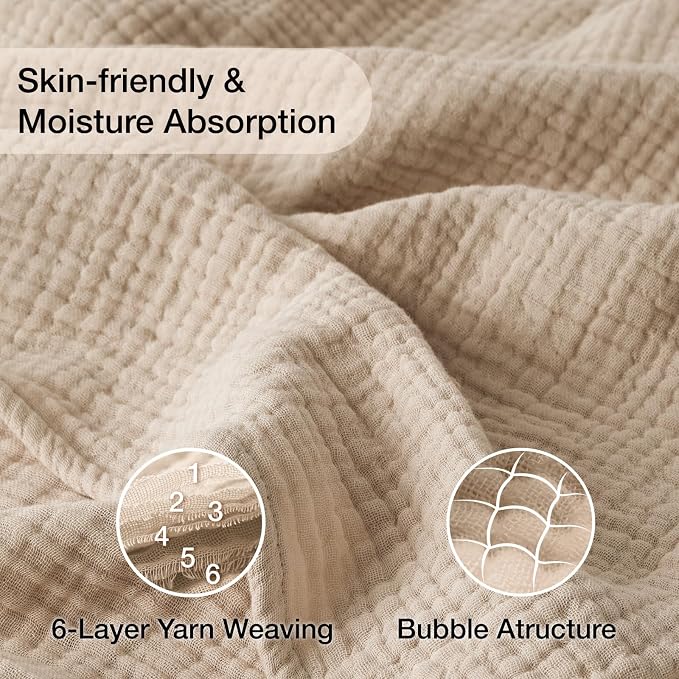 Cooling Throw Blanket Twin XL 66" x 90", 6 Layers Muslin Blankets 100% Cotton, Breathable and Lightweight Twin Blanket for Bed, Soft Bedspread, Gauze Bedding for All Season, Beige Linen