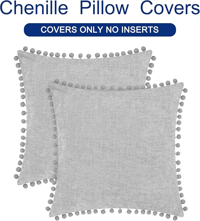 CaliTime Decorative Couch Throw Pillow Covers 18 X 18 Inches Moonbeam Gray | Pack of 2, Cozy Chenille Cushion Cases, with Pom Poms for Sofa Bed Living Room Farmhouse Home