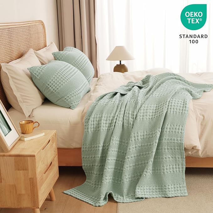 PHF 100% Cotton Waffle Weave Throw Blanket, Lightweight Breathable Summer Blanket for Couch Sofa, Pre-Washed Soft Throws for Bed, Office, Travel & Stylish Home Decor, 50"x60", Mint Green