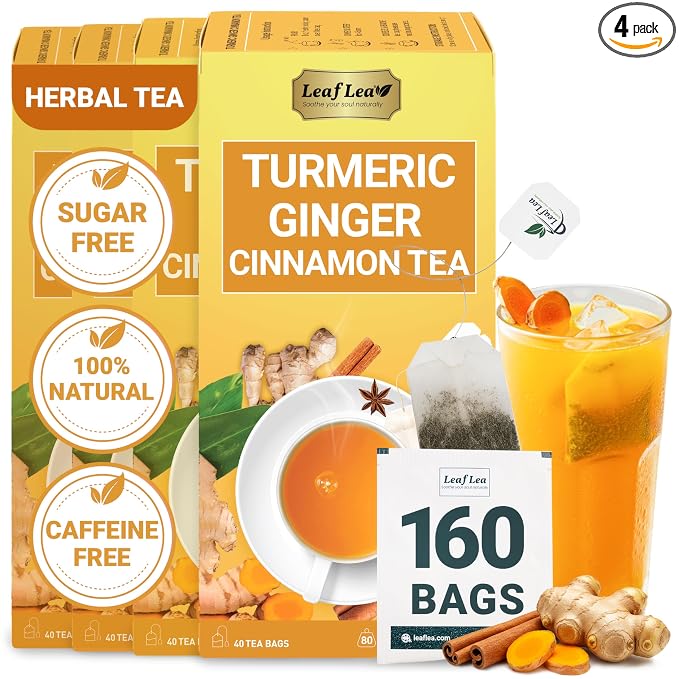LeafLea Ginger Turmeric Tea Bags, Digestion & Immune Support, 160 Count | 100% Natural & Pure Herbal Tea Blend of Turmeric Ginger Tea with Cinnamon, Turmeric Tea, Caffeine-Free, No Sugar, Non-GMO