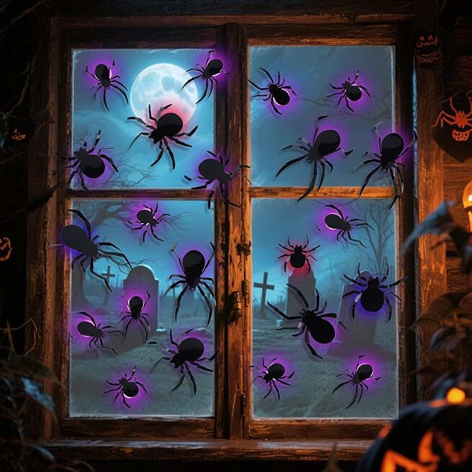 DR.DUDU 36 Pack Halloween Wall Decor Light up Spiders Window Decorations | Multi-Color LEDs, 3D Spider Stickers, Removable Wall Decals, Assorted Sizes, For Indoor Outdoor Bathroom Home Party