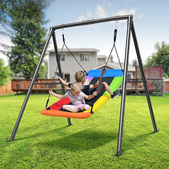 Trekassy Swing Sets for Backyard, 440lbs Heavy Duty A-Frame Metal Stand with 60" Large Platform Swing for Outdoor Playground Park (Black Frame + Rainbow Swing)（Patented）