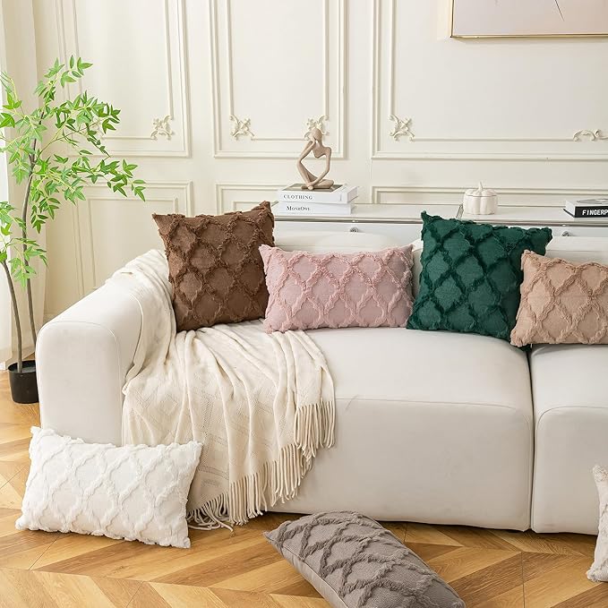 Set of 2 Soft Moroccan Throw Pillow Covers 12x20 Inch Plush Boho Decorative Pillow Cover Accent Cushion Case for Couch Sofa Bed, Cream White