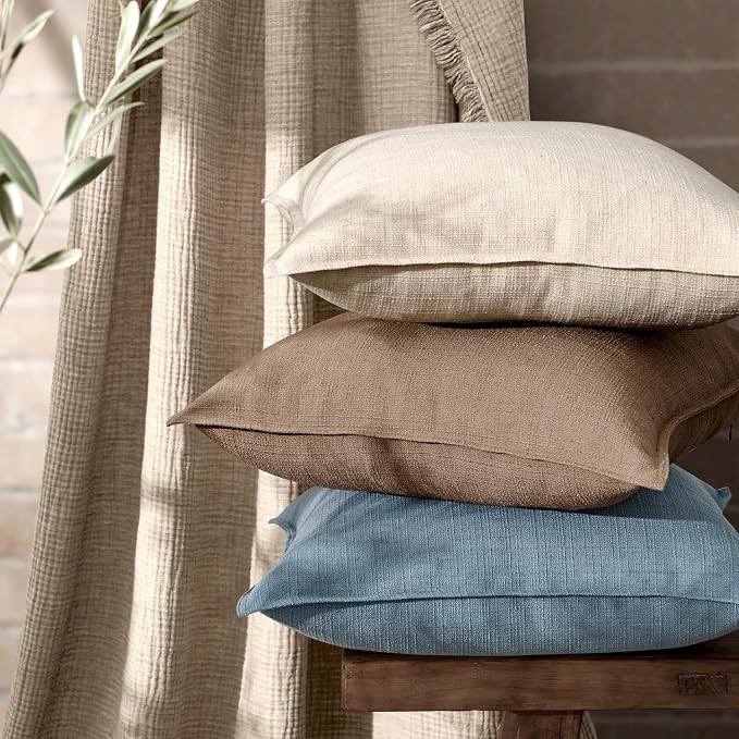 MIULEE Thick Textured Decorative Throw Pillow Covers 18x18 Inch Blue | Set of 2, Linen Blend Pillow Cover, Flange Edge Design, Farmhouse Modern Boho Style, Bed Couch Living Room Decor