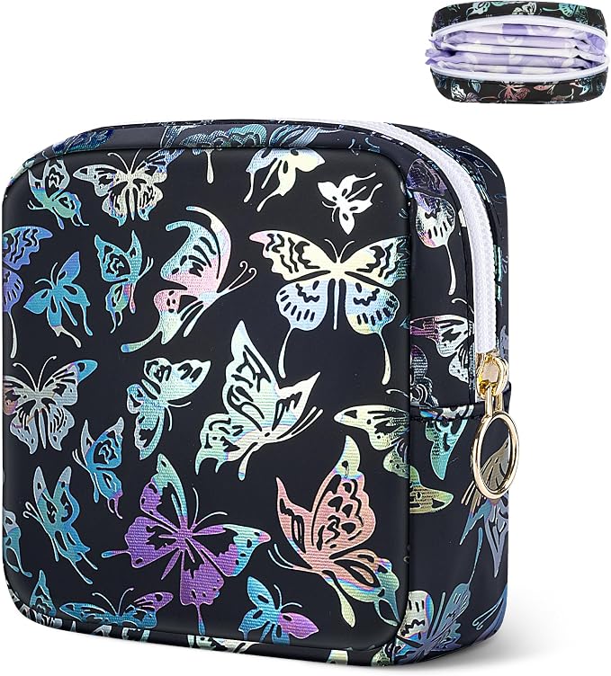 Likesing Period Bag Pouch, Leather Sanitary Napkin Storage Bag for Girls Womens, Portable Sanitary Napkin Period Pad Pouch Bag for Purse (Black-Dancing Butterfly)
