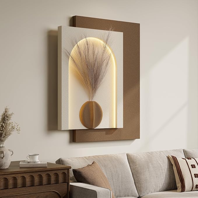 Large 3D LED Wall Art Decor for Living Room, Modern Minimalist Textured Lighted Artwork for Walls, Neutral Beige Brown Paintings Wall Decor for Hallway, Dining Room, Bedroom, Office Aesthetic