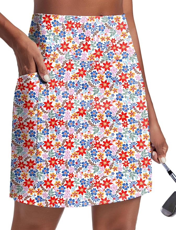 PINSPARK 19" Knee Length Skorts for Woman with Pockets UPF 50+ Golf Skirts | 4 Pockets, Built-in Shorts, High Waisted & Tummy Control, Moisture-wicking for Golf Athletic Tennis Workout Casual