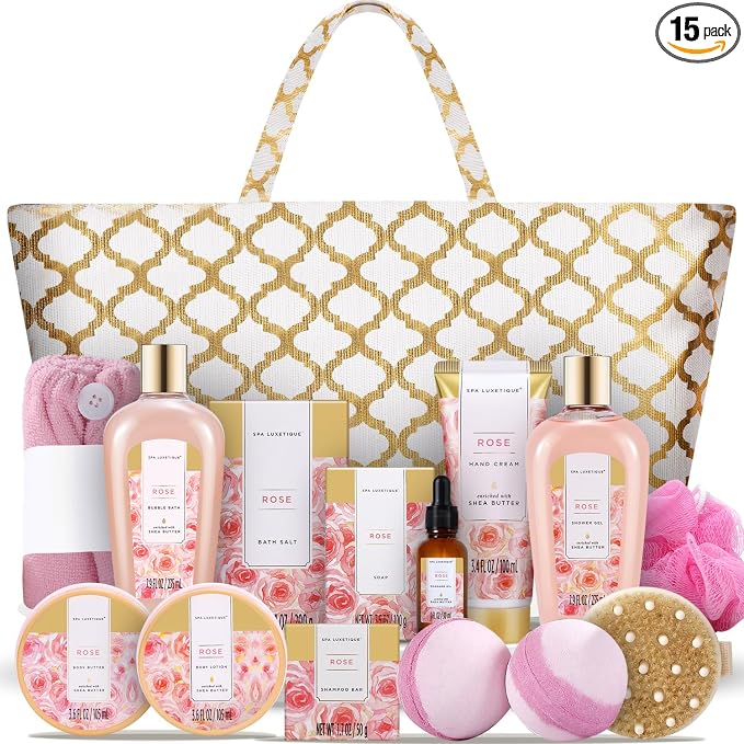 Spa Luxetique Spa Baskets for Women Gift, Womens Spa Gift Baskets, 15pcs Rose Spa Sets, Spa Kit Includes Body Oil, Bubble Bath, Bath Sets for Women, Mothers Day Gifts