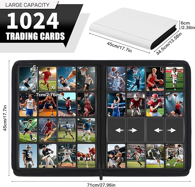 1000+ Pockets Trading Card Binder, 16 Pockets Zipper Binder Card Album, 32 Pack Double-sided Side Loading Non-Ring Card Binder, Card Holder Folders for MTG, TCG, Game Cards & Sports Cards, White