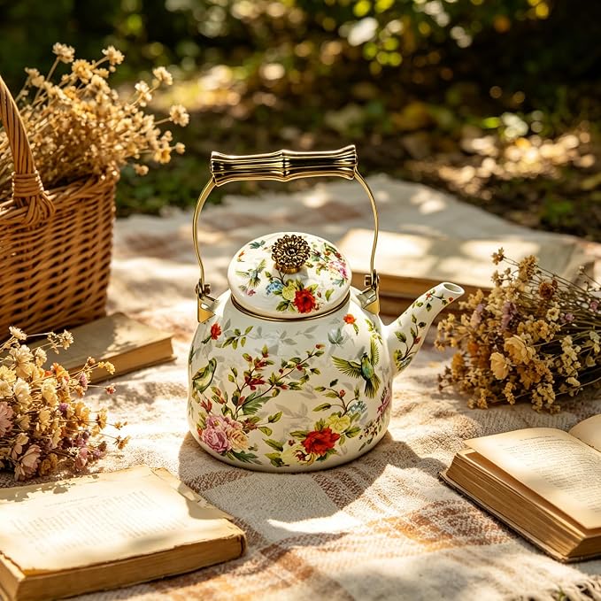 Vintage Enamel Tea Kettle Birds Floral Boho Stovetop Teapot with Gold Handle 2.5L Enamel Kettle Bohemian Kitchen Decor Ideal Gift for Housewarming Camping Coffee Pot