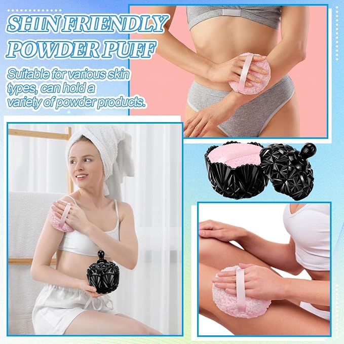 Extra Large Body Powder Puff and Container, 5.3'' Crystal Container with 5.3'' Oversize Dust Powder Puff Washable Reusable Face Body Wet Dry Makeup Gift(Black, Diamond)