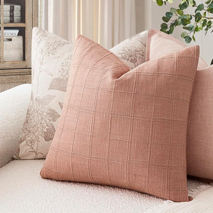 Foindtower Set of 2 Decorative Linen Check Throw Pillow Covers Neutral Farmhouse Vintage Cushion Covers Modern Boho Accent Home Decor for Sofa Chair Couch Bedroom Living Room,22×22 Inch,Coral Pink