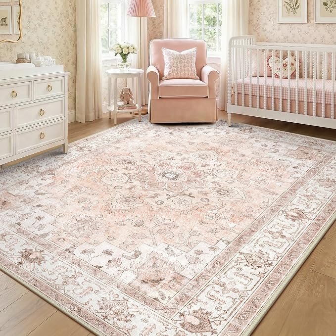 CAPALOCA 9x12 Washable Nursery Girls Low Pile Area Rug Pink | Non-Slip Soft Rugs for Bedroom Kids Playroom Living Room, Print Pattern Water Repellent Carpet Indoor Decor