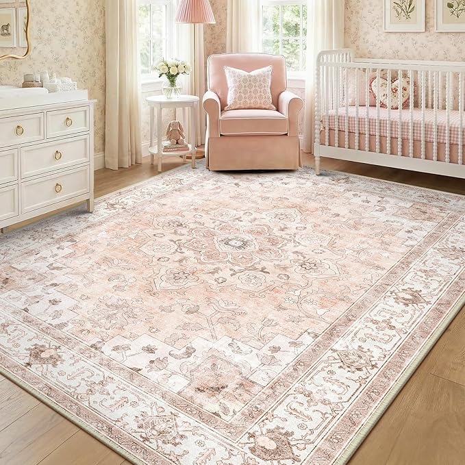 CAPALOCA 7x9 Washable Nursery Girls Low Pile Area Rug Pink | Non-Slip Soft Rugs for Bedroom Kids Playroom Living Room, Print Pattern Water Repellent Carpet Indoor Decor