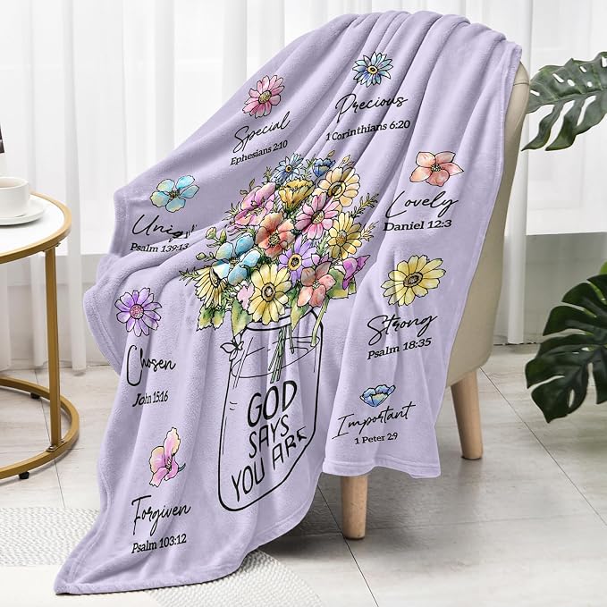 Christian Birthday Gifts for Women, Christian Religious Blanket with Flower | Birthday Gifts for Women, Spiritual Baptism Religious Gifts for Sister Mom Daughter Grandma, Throw Blankets(Purple)80''x 60''