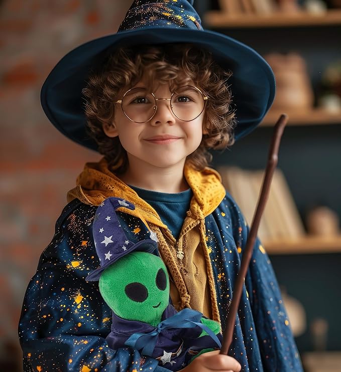DolliBu Wizard Stuffed Animal Dress Up Set - Cute Teddy Bear Wizard Costume with Blue Cape and Hat with Silver Stars