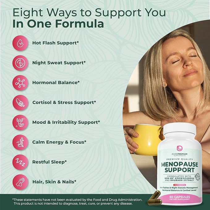 PurePremium Menopause Supplements for Women with KSM-66® Ashwagandha, Rhubarb Extract & Black Cohosh - Hot Flashes, Night Sweats, Perimenopause Support - Hormone Balance & Cortisol Support - 60 Count