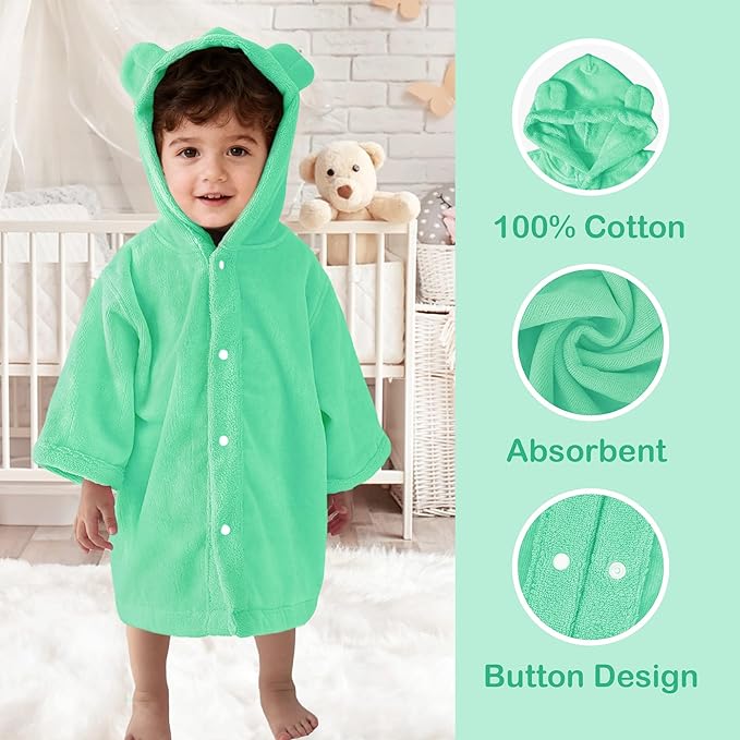 VOOVA & MOVAS Toddler Bath Towel with Bear Ear Hood, 0-3Years | 100% Cotton, Ultra-Soft & Absorbent | Gentle for Sensitive Skin, Bath, Pool & Beach Towel | Newborn, Mint Green