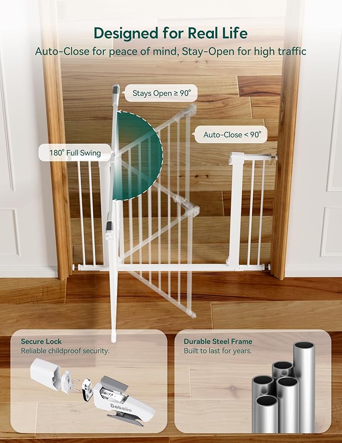 Babelio 26-40" Wide Baby Gate for Stairs & Doorways, 3 Ways Locking System with Auto-Close, Pressure Mounted No Drilling, Easy Install for Stairs, Hallway, Kitchen, Indoor Use, White (2 Pack)